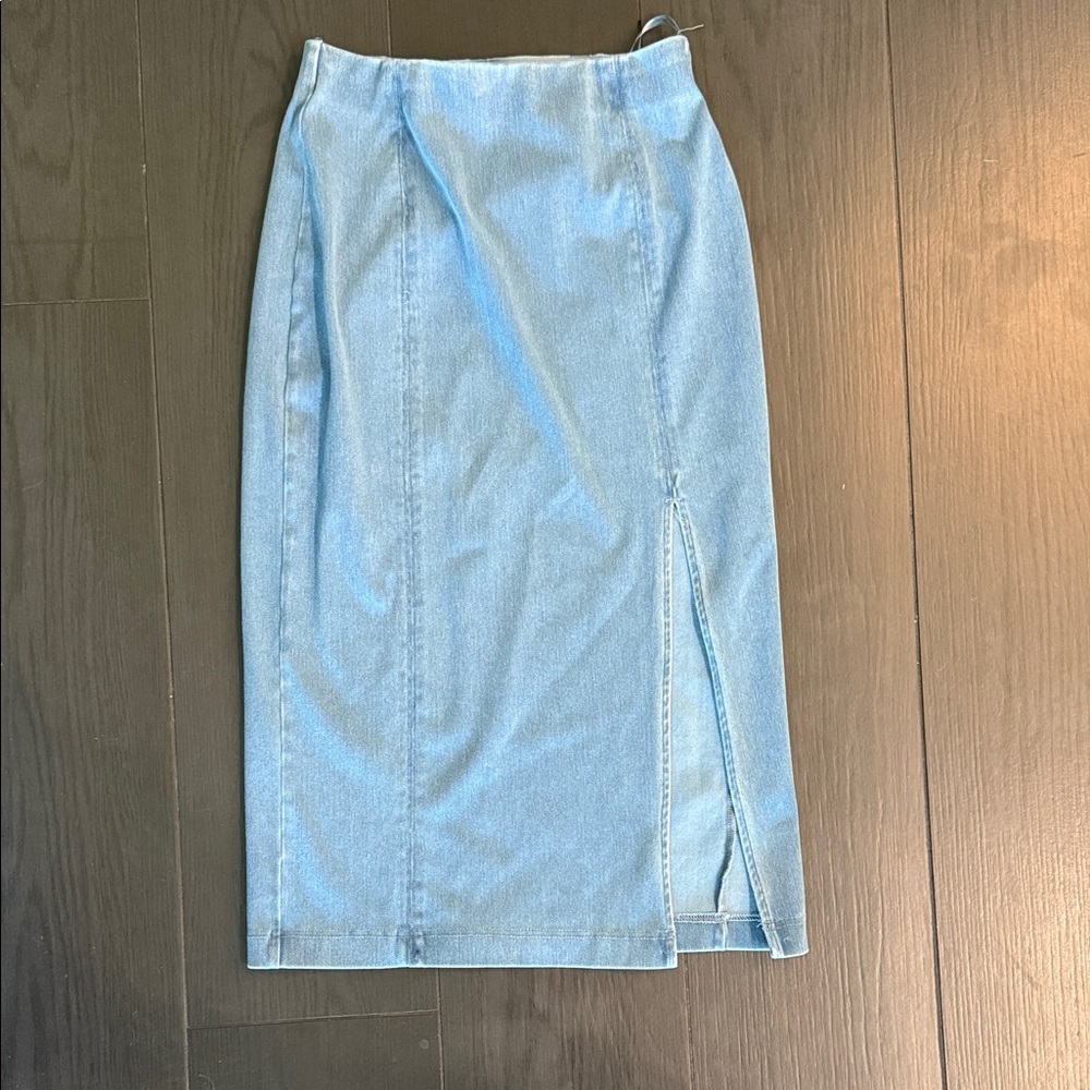 RD Style Light Blue Midi Denim Skirt with Front Slit